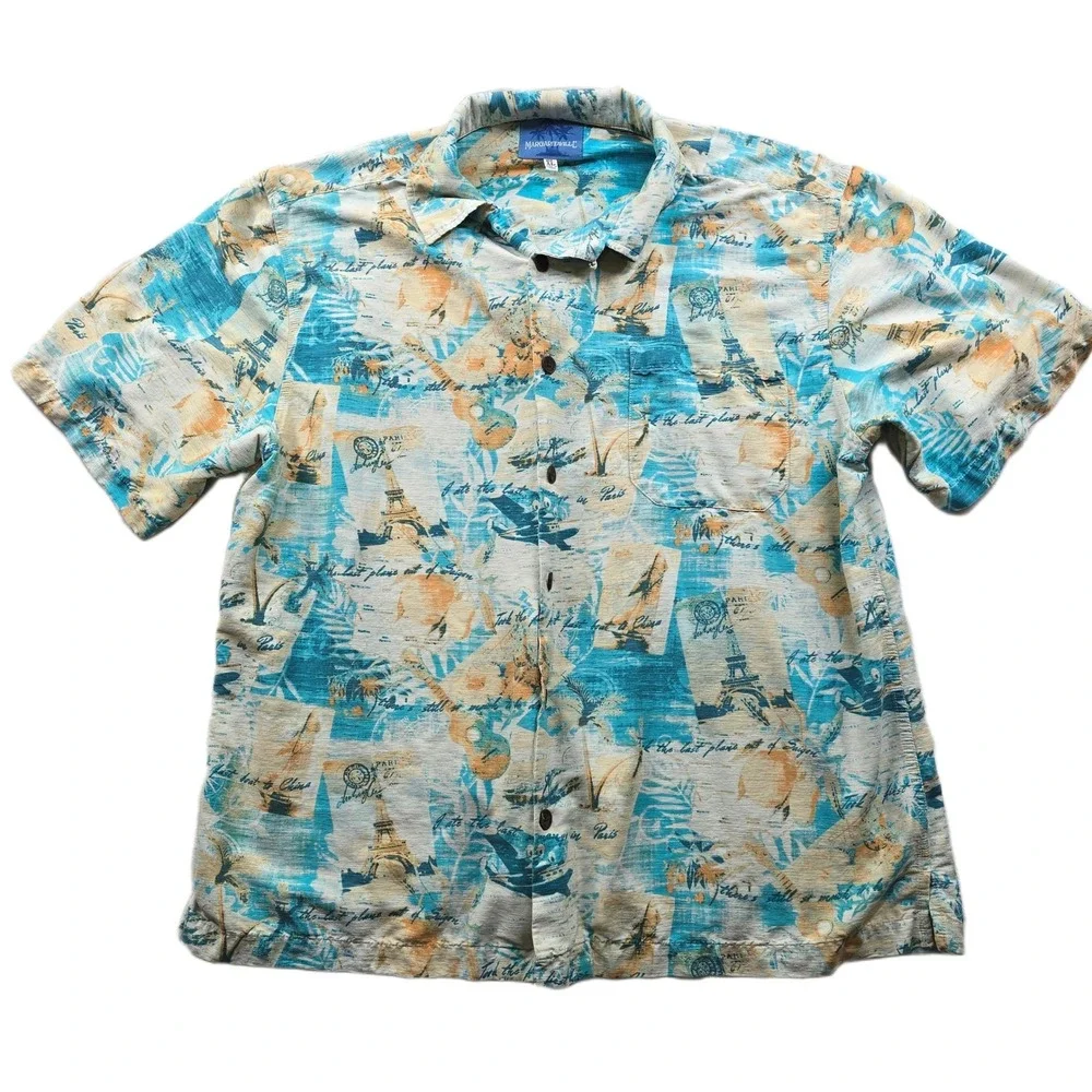 Margaritaville Silk Shirt Mens XL Blue Tropical Travel Eiffel Tower Button‎ Down